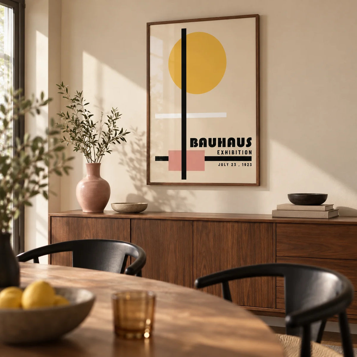 Office Prints, framed on the wall of a modern dining room with a soft beige wall