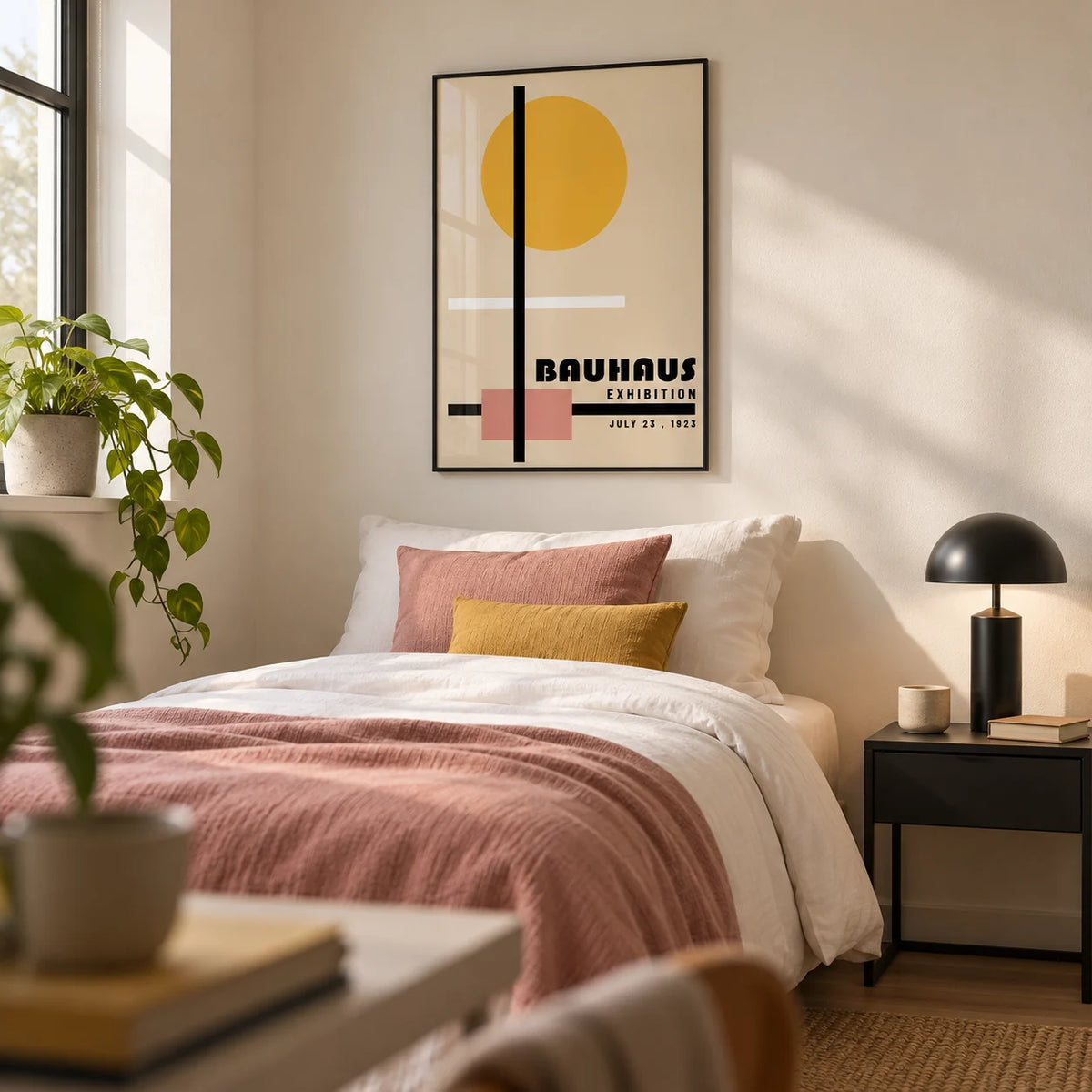 Office Prints, framed on the wall of a modern single bedroom for a young adult (18-25) with a warm white wall