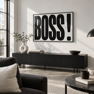 Office Wall Art, framed on the wall of a design-led city-flat living room with a white wall and a concrete floor