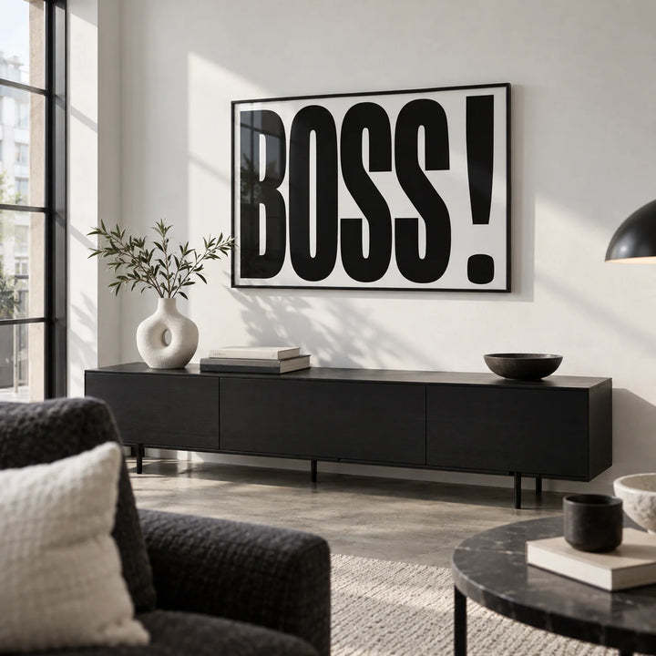 Office Wall Art, framed on the wall of a design-led city-flat living room with a white wall and a concrete floor