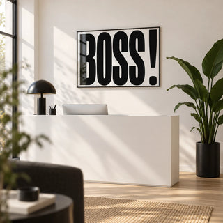 Office Wall Art, framed on the wall of a the reception area of a small creative business with a white wall and a pale oak floor in a kitchen