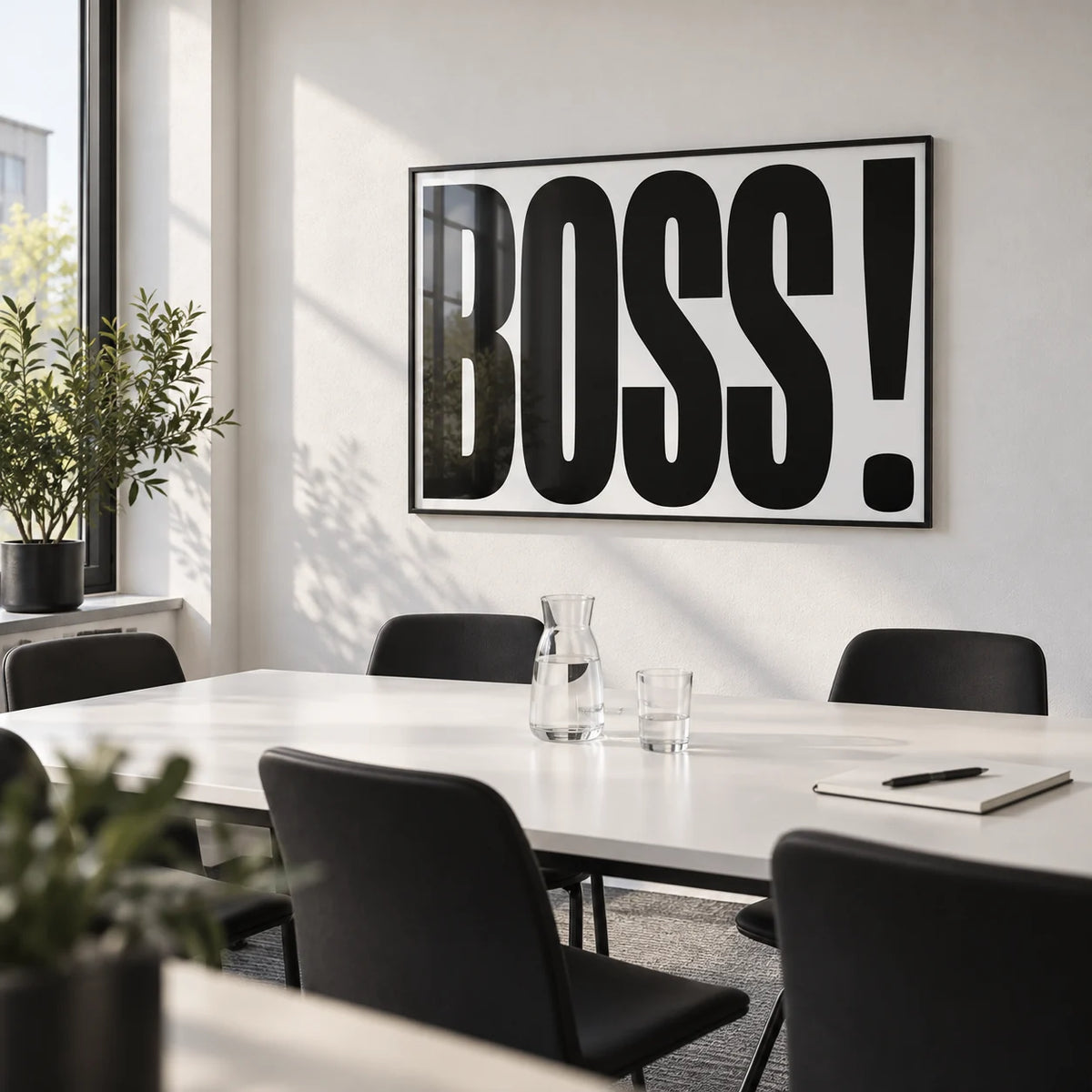 Office Wall Art, framed on the wall of a small meeting room in a modern office with a white wall and a grey carpet