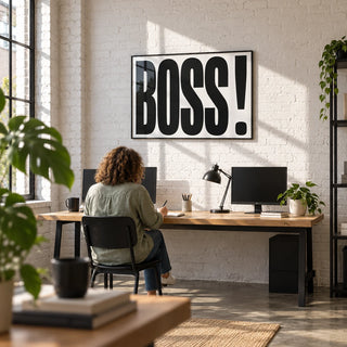 Office Wall Art, framed on the wall of a small start-up office in a converted warehouse with exposed brick painted white and a polished concrete floor