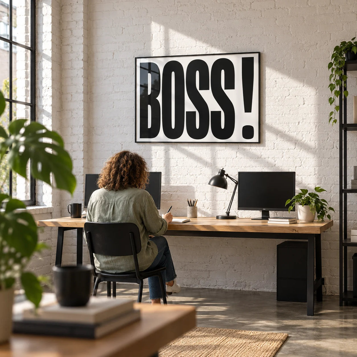 Office Wall Art, framed on the wall of a small start-up office in a converted warehouse with exposed brick painted white and a polished concrete floor