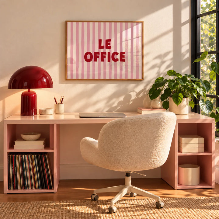 Office Wall Decor, framed on the wall of a bright home office with a pink desk and a boucle chair