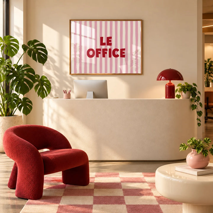 Office Wall Decor, framed on the wall of a bright office reception with a curved desk and a burgundy lounge chair