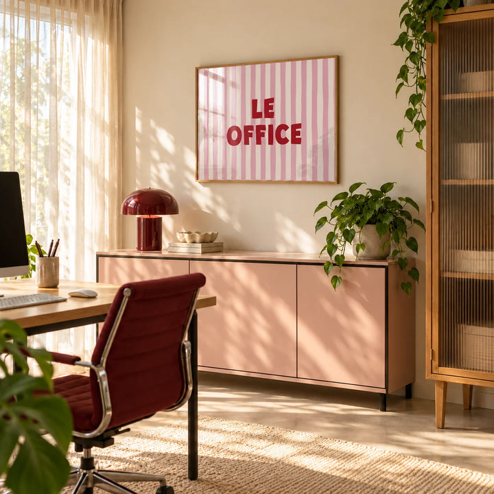 Office Wall Decor, framed on the wall of a bright workplace office with a pink cabinet and a burgundy chair