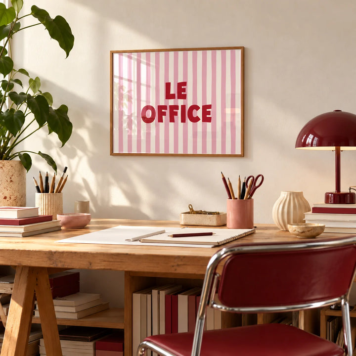 Office Wall Decor, framed on the wall of a creative design studio with a wooden work table and a burgundy chair