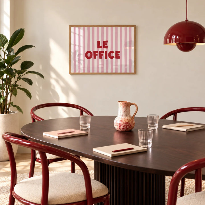 Office Wall Decor, framed on the wall of an office meeting room with a dark oval table and burgundy chairs