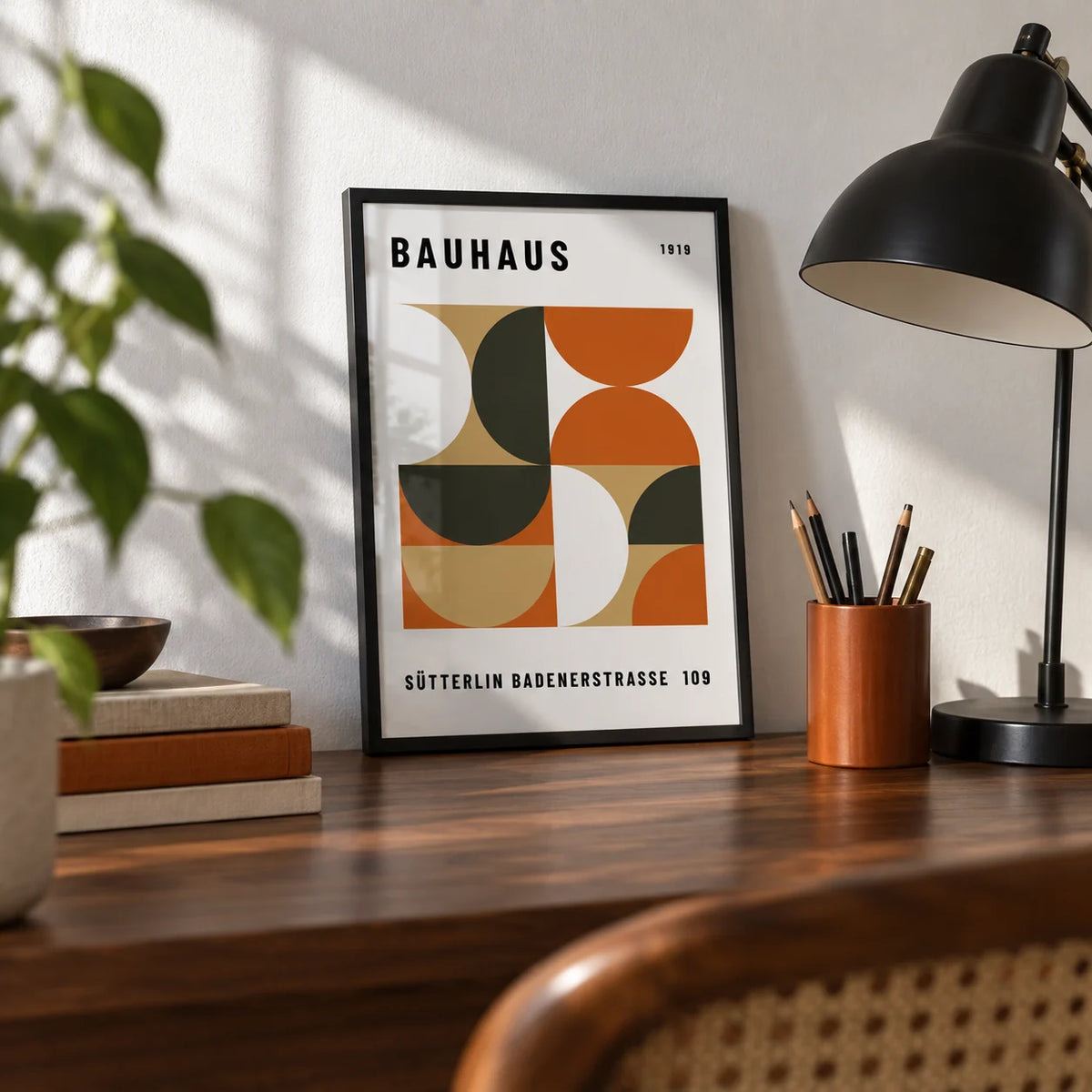 Office Wall Decor, a small A4 framed print leaning on a walnut desk