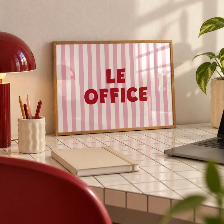Office Wall Decor, a small A4 framed print leaning on a white tiled desk
