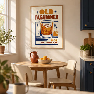 Old Fashioned Art Print, framed on the wall of a bright kitchen breakfast corner in a first flat for a couple aged 25-35