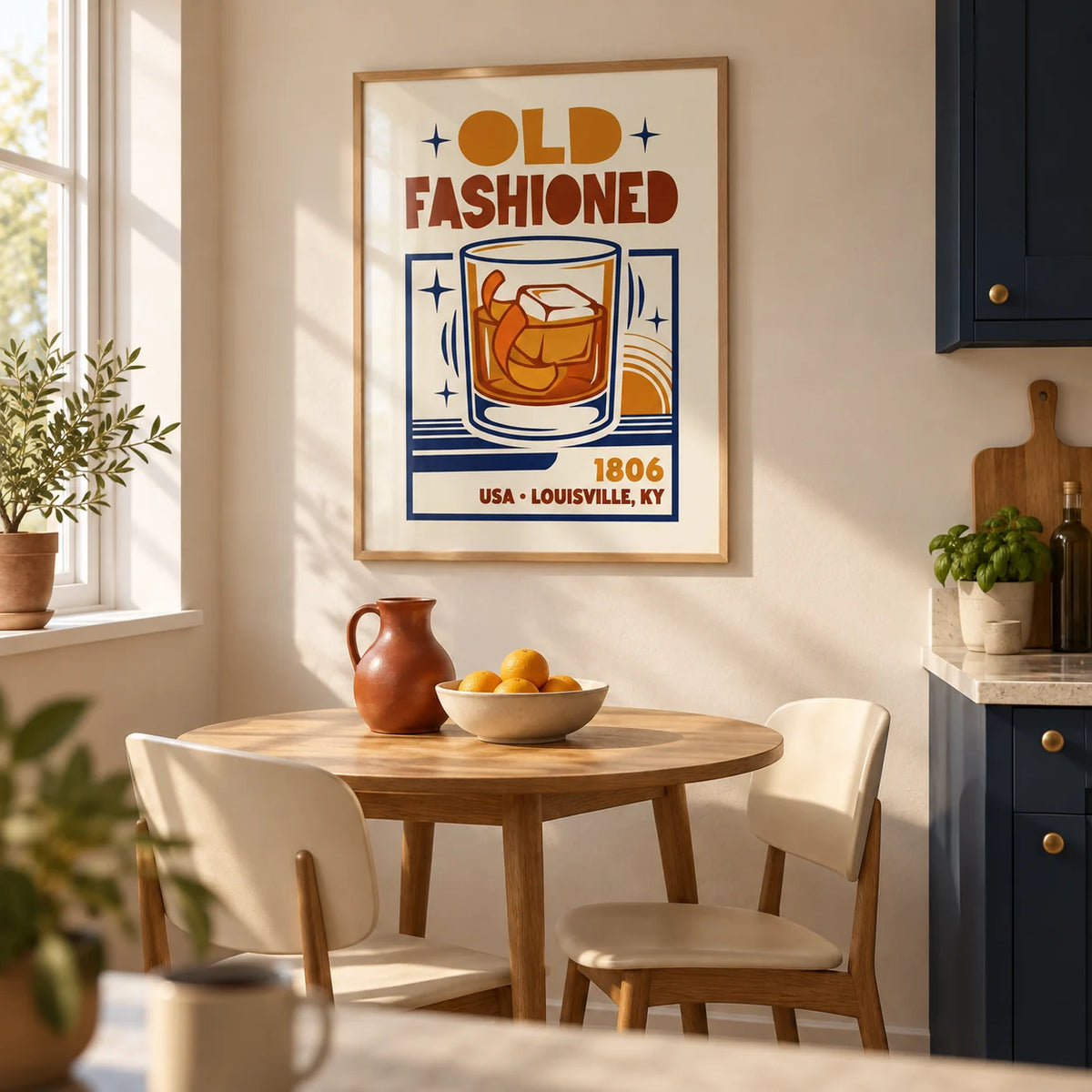 Old Fashioned Art Print, framed on the wall of a bright kitchen breakfast corner in a first flat for a couple aged 25-35