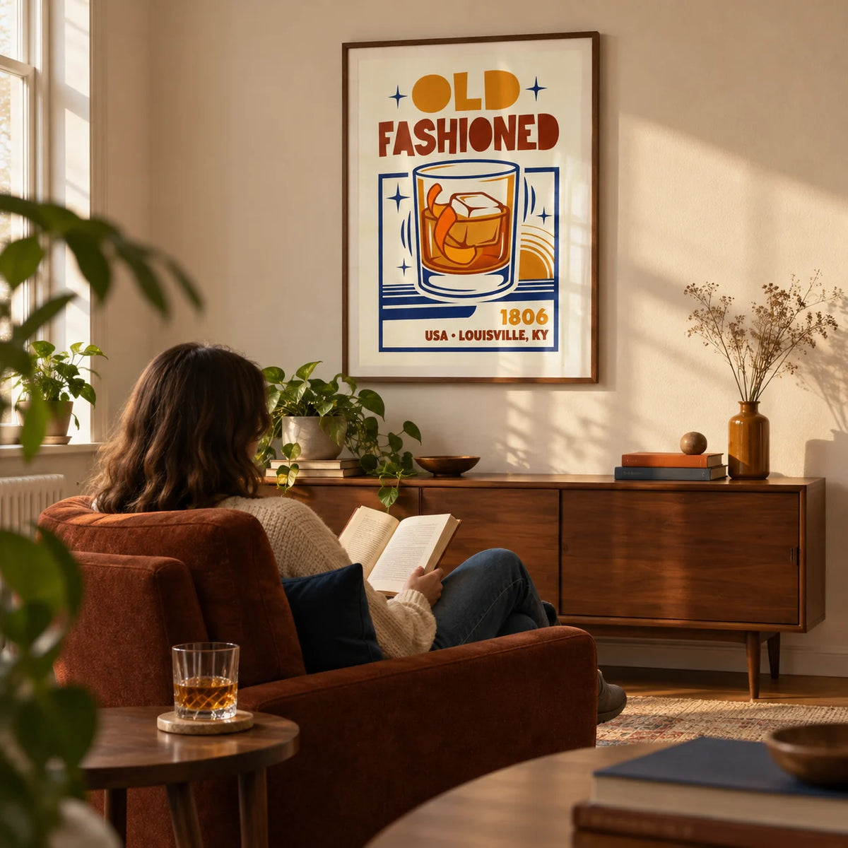 Old Fashioned Art Print, framed on the wall of a mid-century-inspired living room in a UK flat with a warm cream wall
