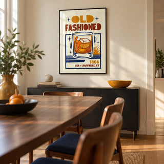 Old Fashioned Art Print, framed on the wall of a modern dining room in a UK terraced house with a pale cream wall and oak floor