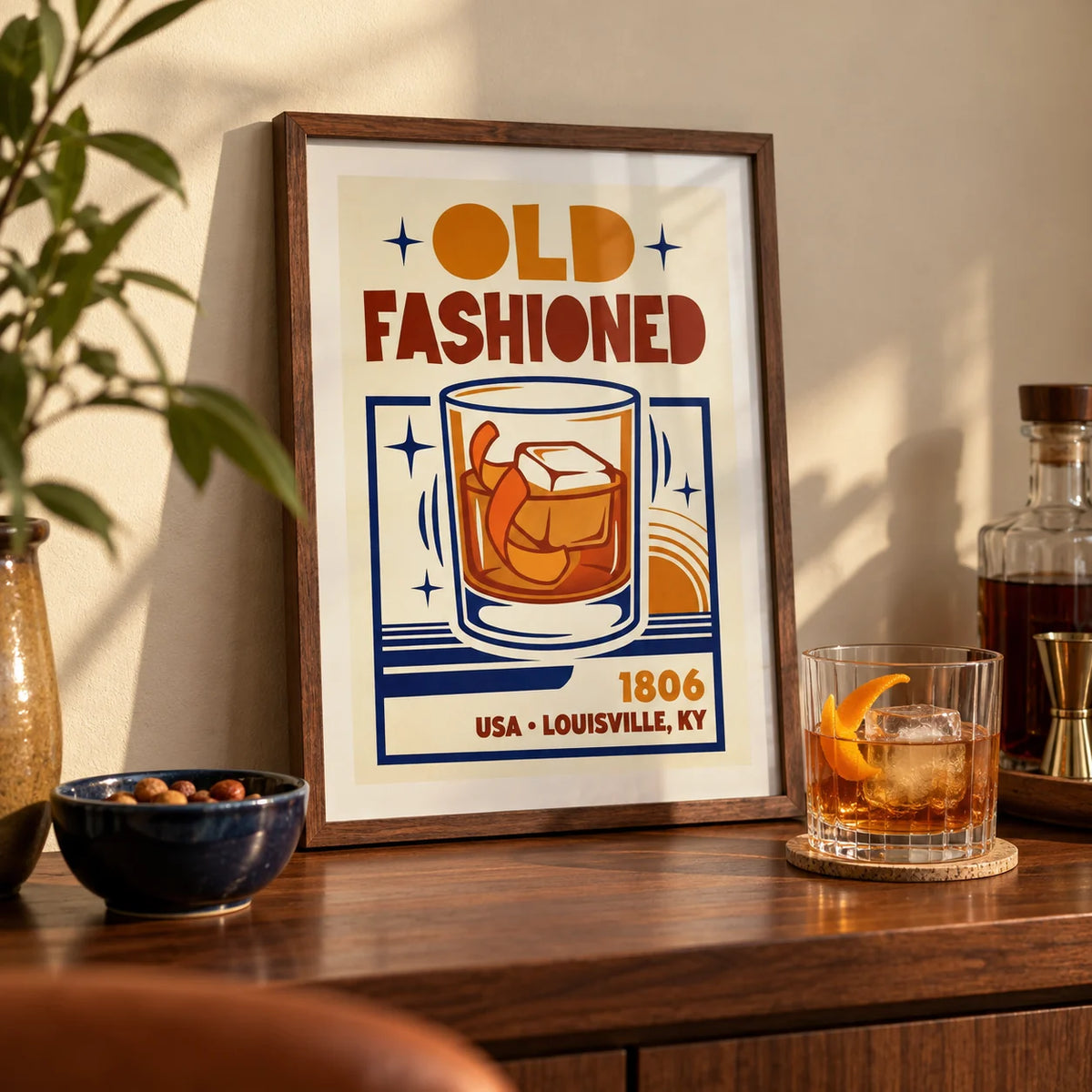 Old Fashioned Art Print, a small A4 framed print leaning on a walnut home-bar worktop in a kitchen