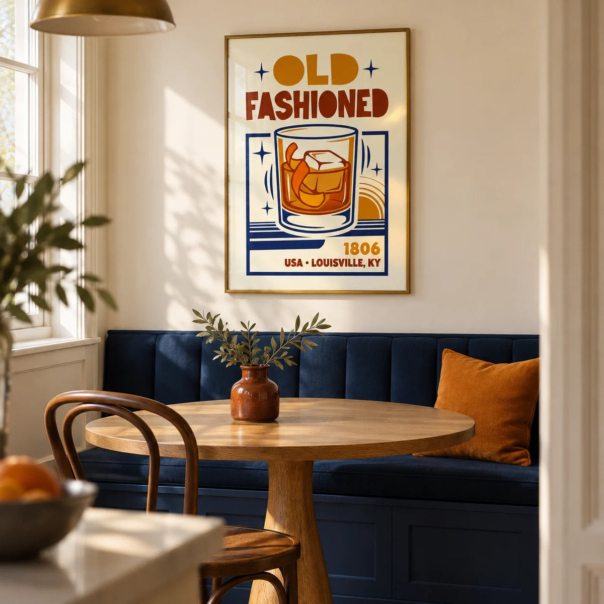 Old Fashioned Art Print, framed on the wall of a small dining nook in a renovated UK maisonette with a pale cream wall and a built-in navy banquette