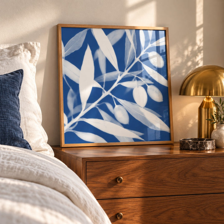 Olive Branch Cyanotype Print styled on a bedside chest (frame not included)