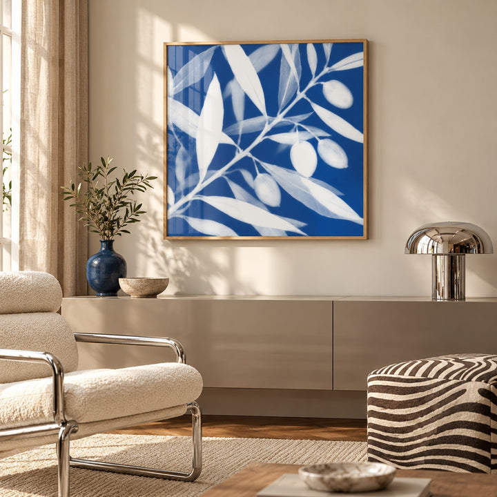 Olive Branch Cyanotype Print styled above a sideboard (frame not included)