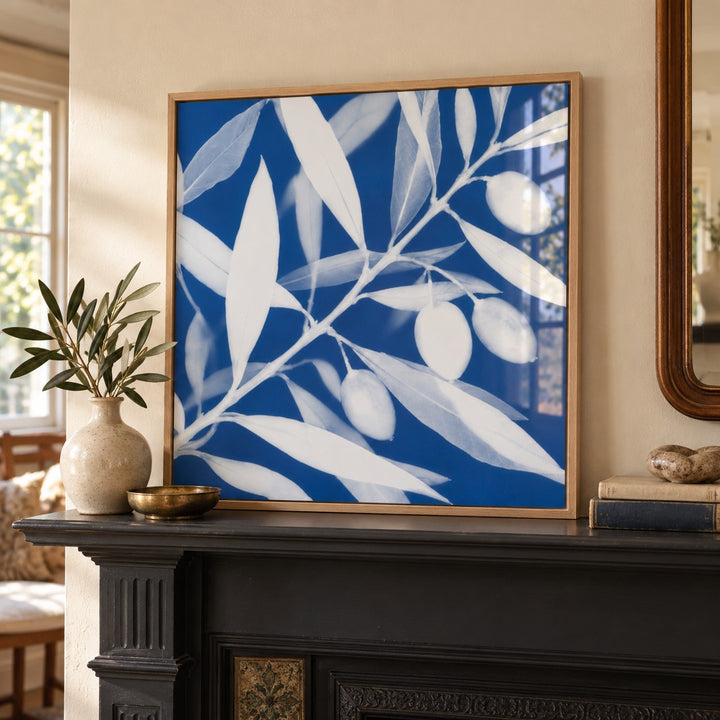 Olive Branch Cyanotype Print styled on a mantelpiece (frame not included)