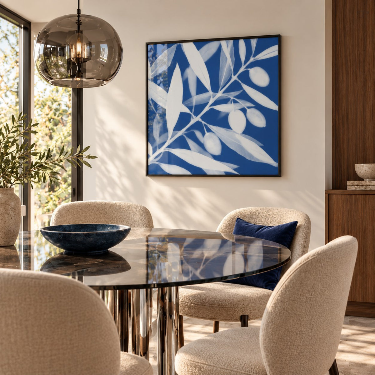 Olive Branch Cyanotype Print styled in a dining room (frame not included)