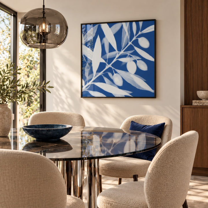 Olive Branch Cyanotype Print styled in a dining room (frame not included)