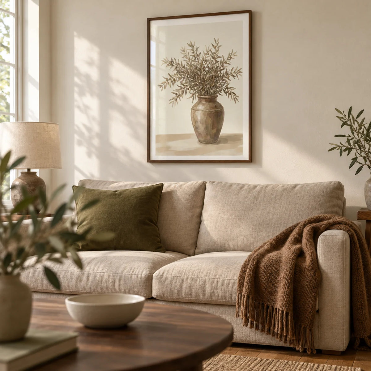 Olive Branch Decor, framed on the wall of a calm living room in a UK family home with a cream wall and oak floorboards