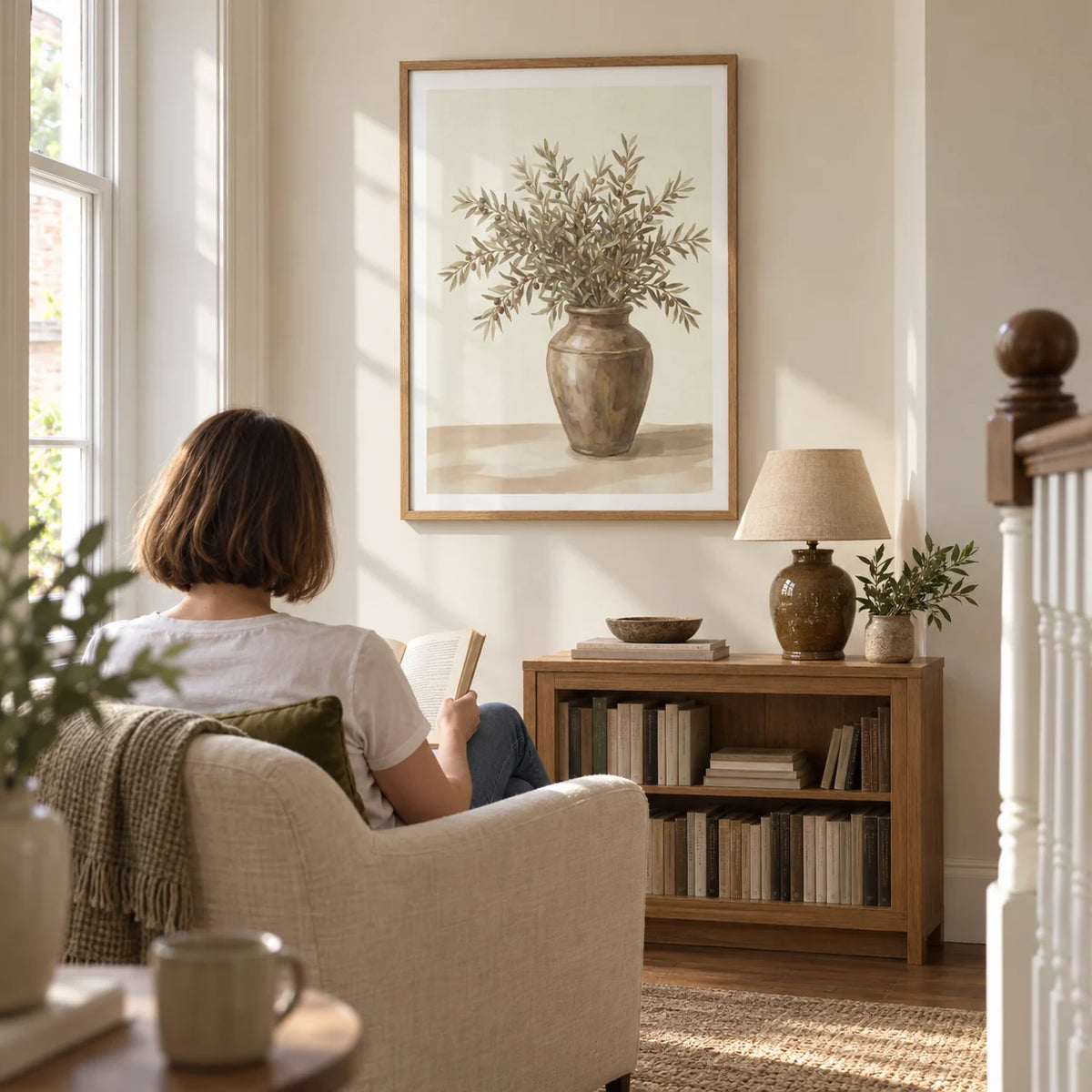 Olive Branch Decor, framed on the wall of a quiet reading corner on a spacious landing in a UK townhouse with warm white walls in a living room