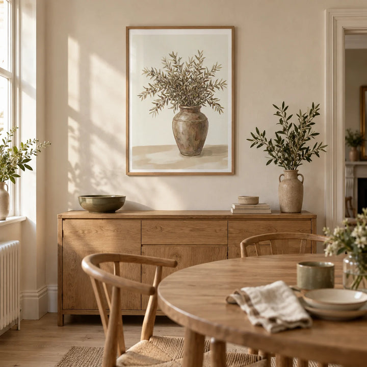 Olive Branch Decor, framed on the wall of a relaxed dining room in a UK Victorian terrace with warm ivory plaster walls and a pale oak floor