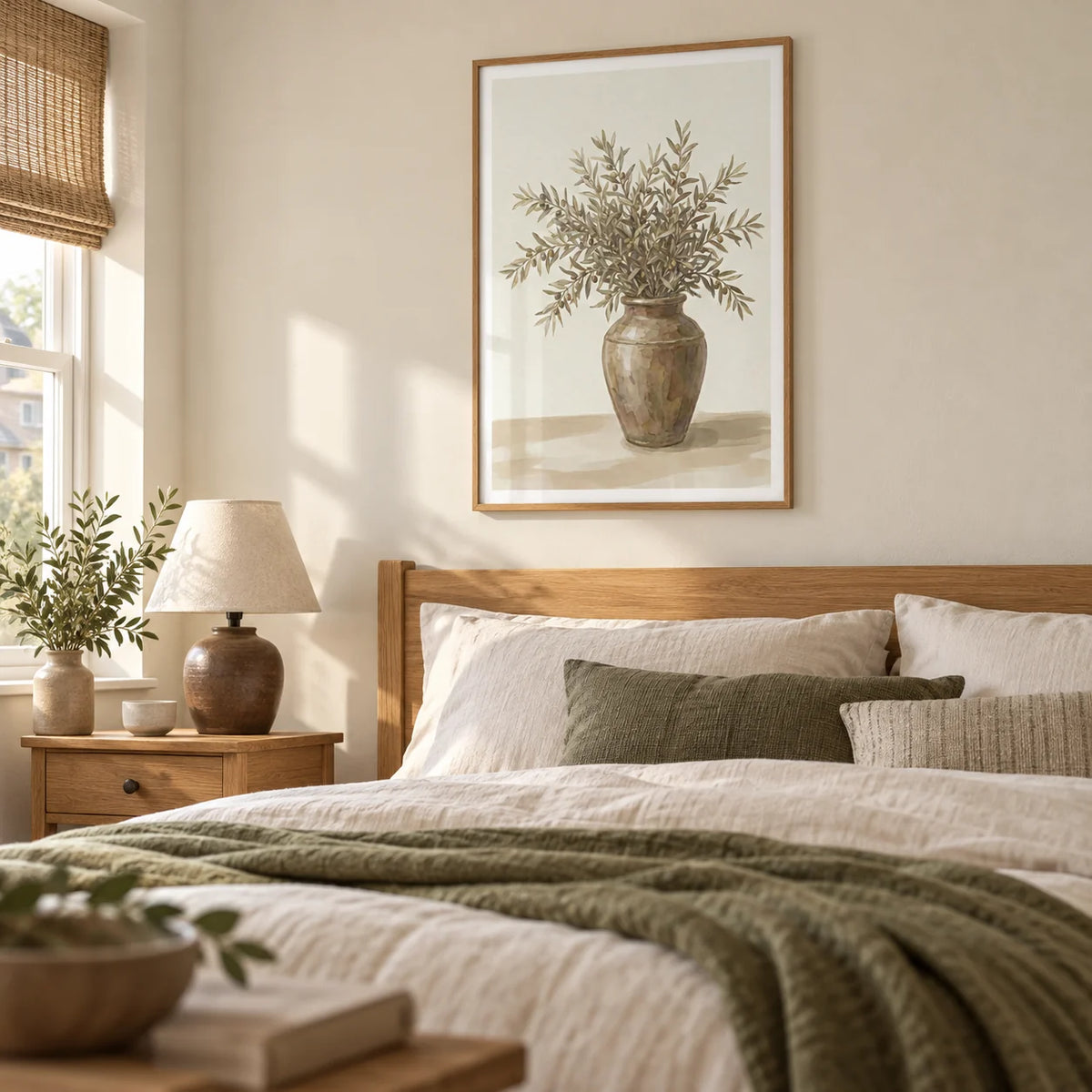 Olive Branch Decor, framed on the wall of a restful bedroom in a UK semi-detached home with a pale ivory wall