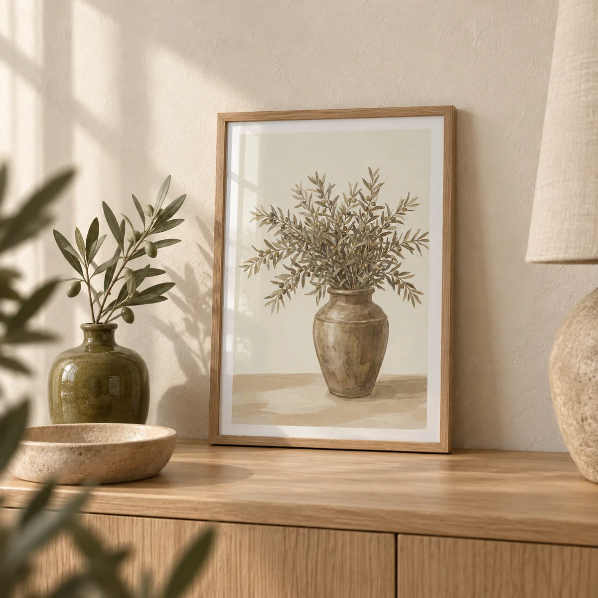 Olive Branch Decor, a small A4 framed print leaning on a pale oak sideboard in a living room