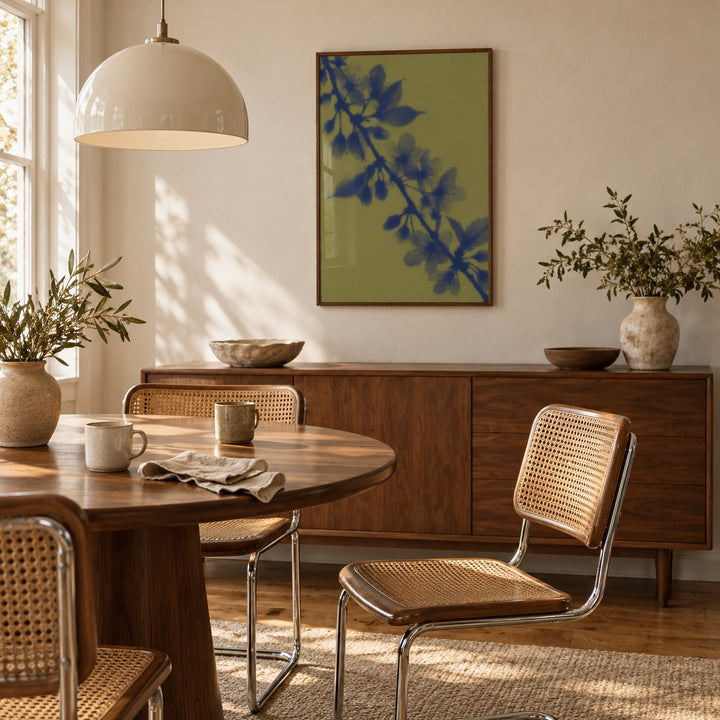 Olive Cherry Blossom Print styled in a dining room (frame not included)