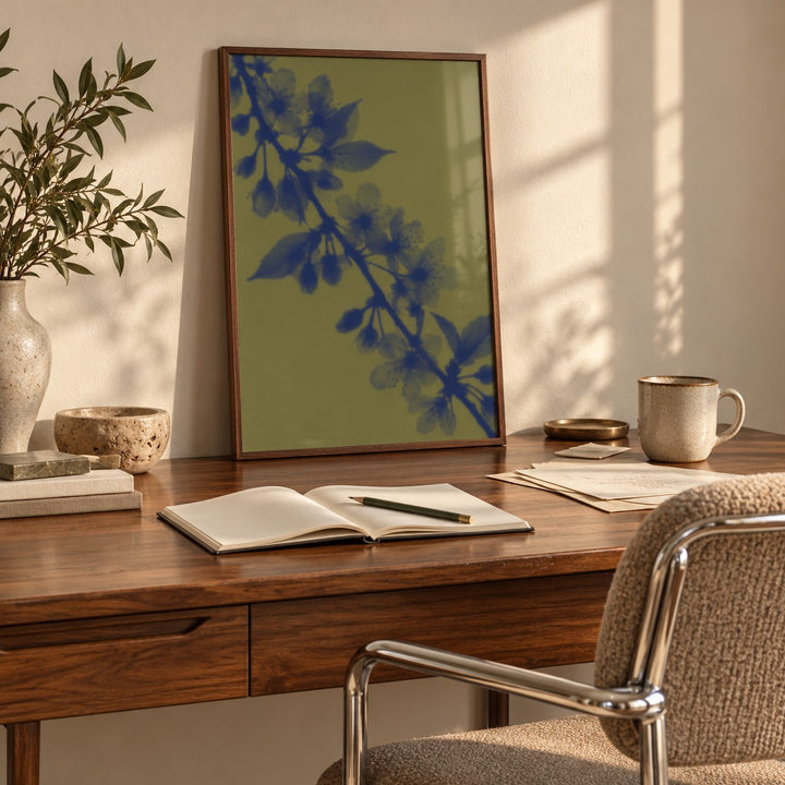 Olive Cherry Blossom Print styled in a home office (frame not included)
