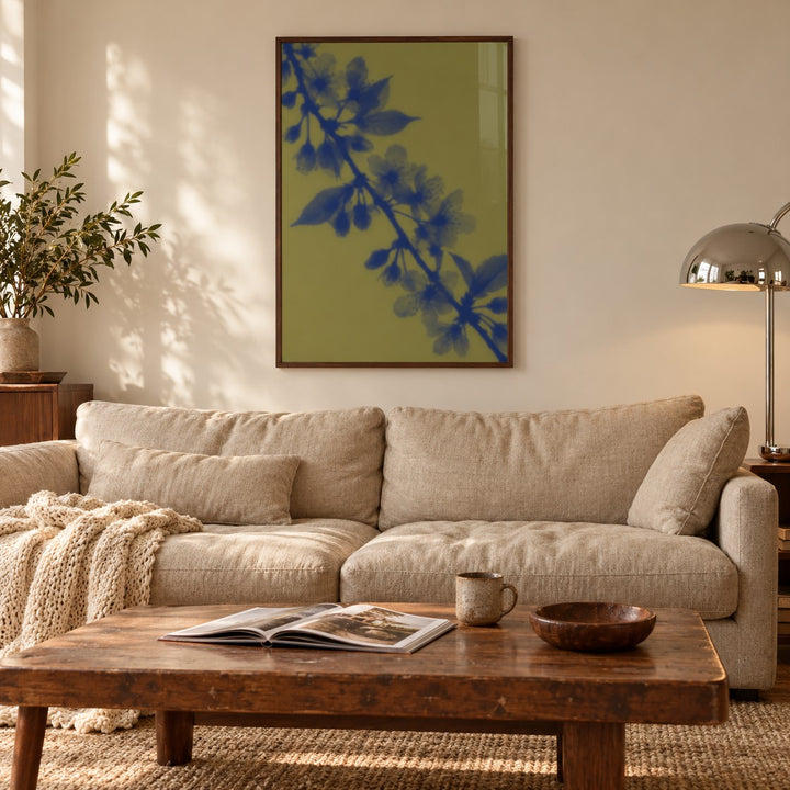 Olive Cherry Blossom Print styled in a living room (frame not included)