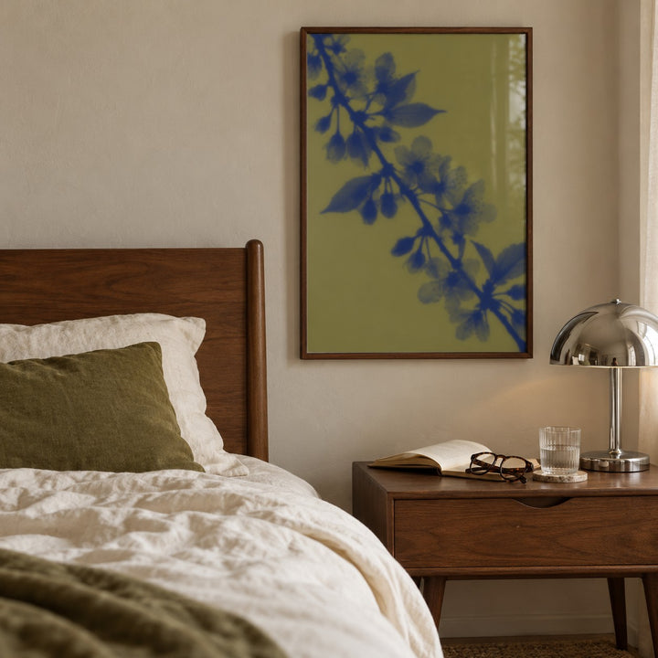 Olive Cherry Blossom Print styled in a bedroom (frame not included)
