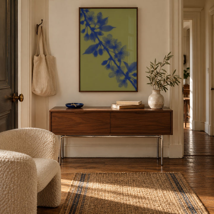 Olive Cherry Blossom Print styled in a hallway (frame not included)