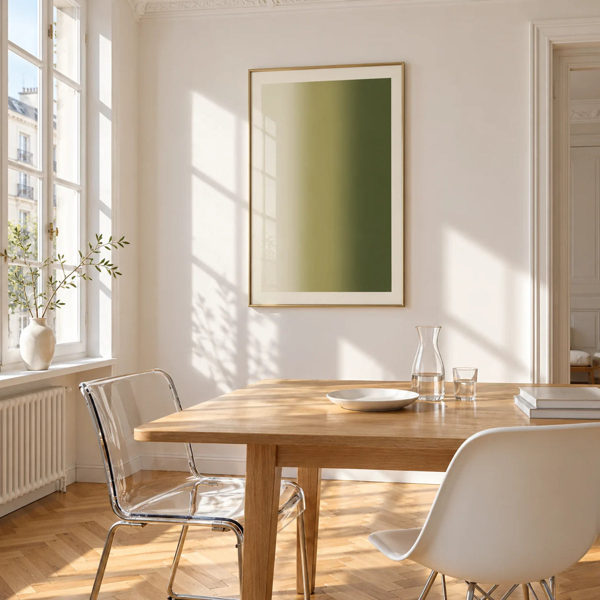 Olive Green Abstract Wall Art, framed on the wall of a bright dining corner