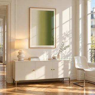 Olive Green Abstract Wall Art, framed on the wall of a bright Paris style apartment in a living room