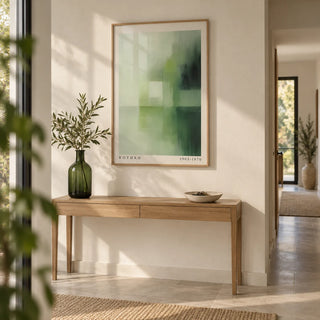 Olive Green Wall Art, framed on the wall of a calm hallway with a warm white wall and a pale stone floor