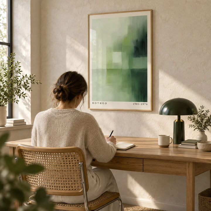 Olive Green Wall Art, framed on the wall of a calm home office with a pale stone wall