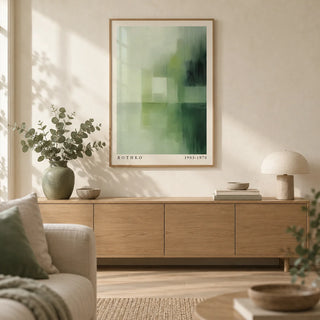 Olive Green Wall Art, framed on the wall of a calm Japandi living room with a warm cream limewashed wall and a pale oak floor