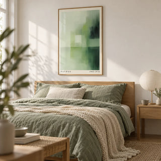 Olive Green Wall Art, framed on the wall of a quiet Scandi bedroom with a soft white wall