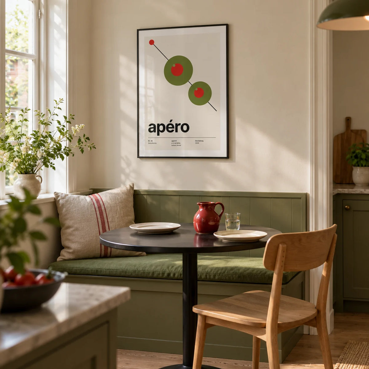 Olive Print, framed on the wall of a bright eat-in kitchen breakfast nook in a UK maisonette with a cream wall and a built-in olive green bench