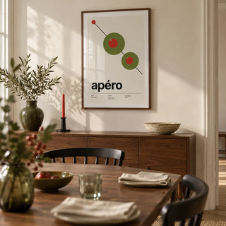Olive Print, framed on the wall of a crisp dining room in a renovated UK terrace with cream plaster walls and a walnut dining table