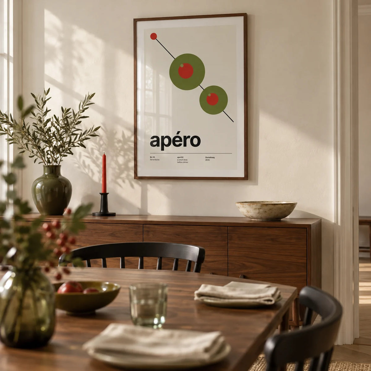 Olive Print, framed on the wall of a crisp dining room in a renovated UK terrace with cream plaster walls and a walnut dining table