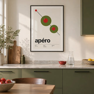 Olive Print, framed on the wall of a modern kitchen in a UK city flat with olive green flat-front cabinets