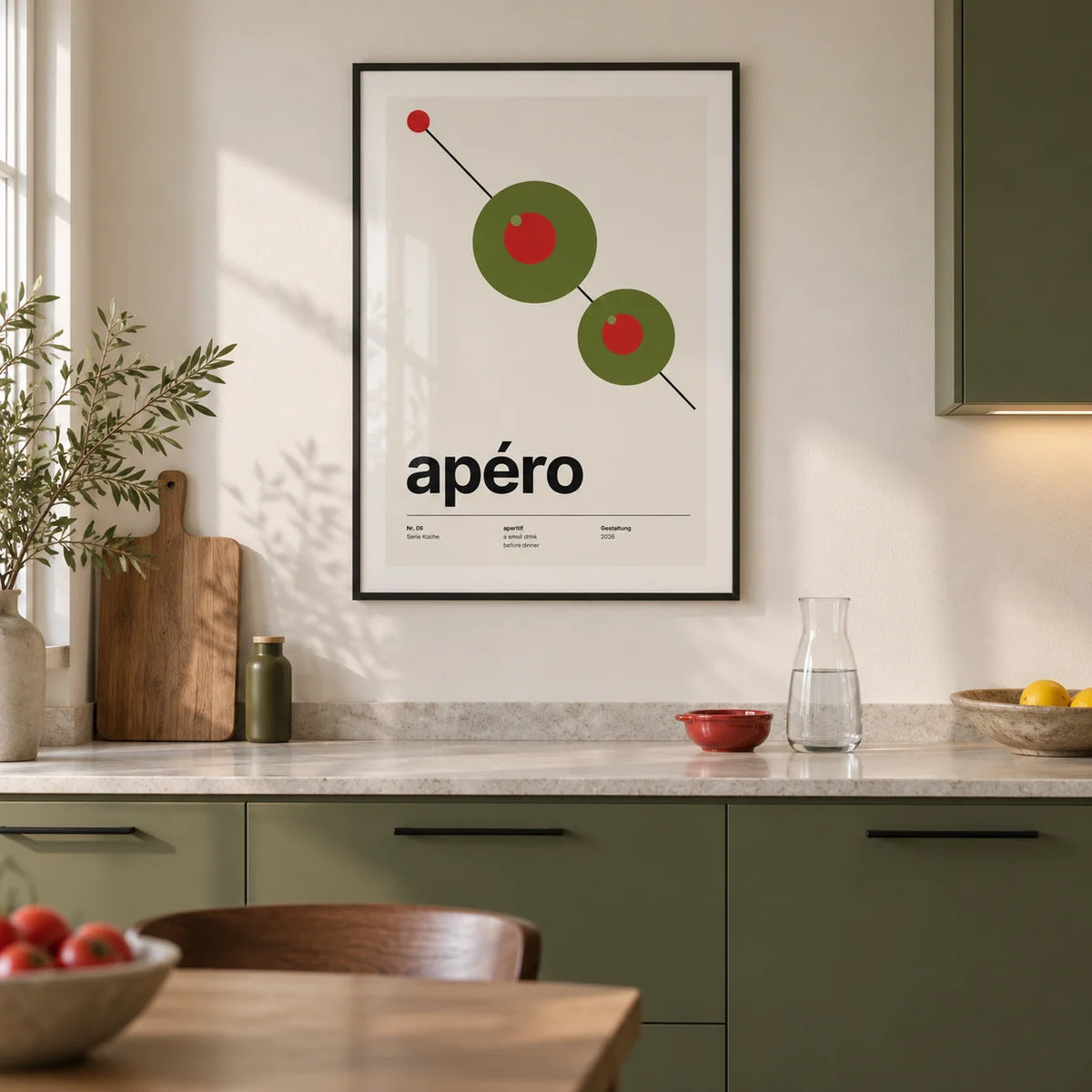 Olive Print, framed on the wall of a modern kitchen in a UK city flat with olive green flat-front cabinets
