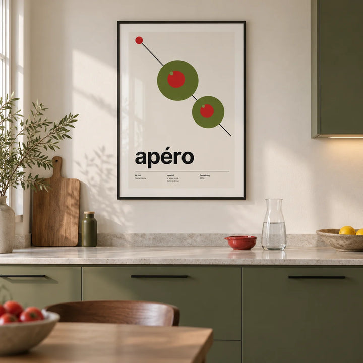 Olive Print, framed on the wall of a modern kitchen in a UK city flat with olive green flat-front cabinets