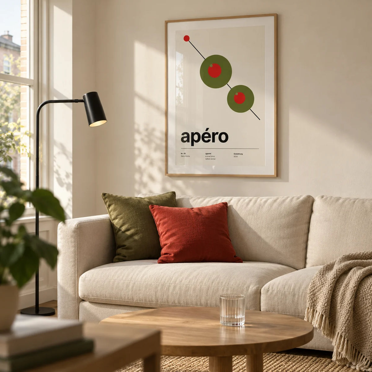 Olive Print, framed on the wall of a modern living room in a UK first flat for a couple aged 25-35