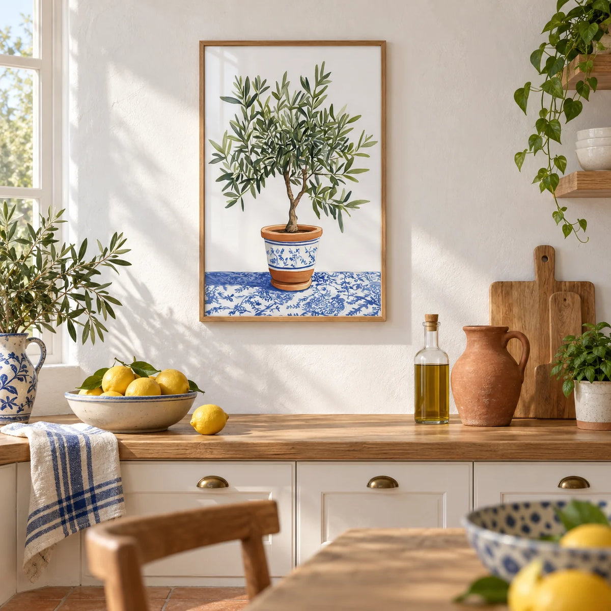 Olive Tree Art Print, framed on the wall of a bright Mediterranean kitchen with white plaster walls and a terracotta floor